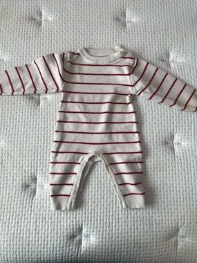 Striped Cream & Red Knit Baby One-Piece